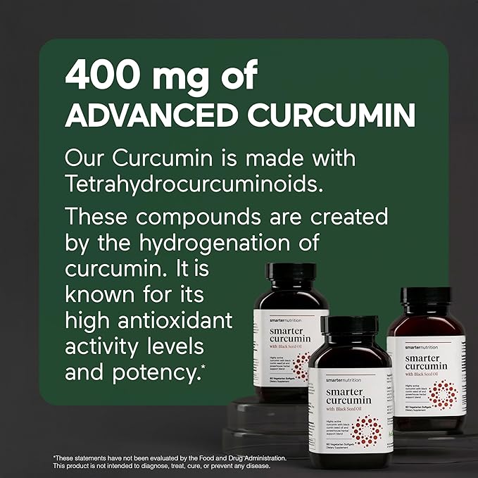 SMARTERNUTRITION Curcumin Softgels - Vegan High Absorption 400 mg Turmeric Supplement + Black Seed Oil &amp Ginger - 95% Tetrahydrocurcuminoids Non-GMO USA Manufactured - 60 Ct[30 Servings]
