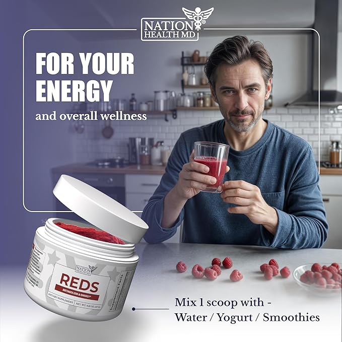 Reds Powder with 39 Superfoods Antioxidant-Rich [Red Powder Superfood] Probiotics &amp Digestive Enzymes for Energy Metabolism &amp Gut Health - Red Berry Flavor - 4.13 Oz