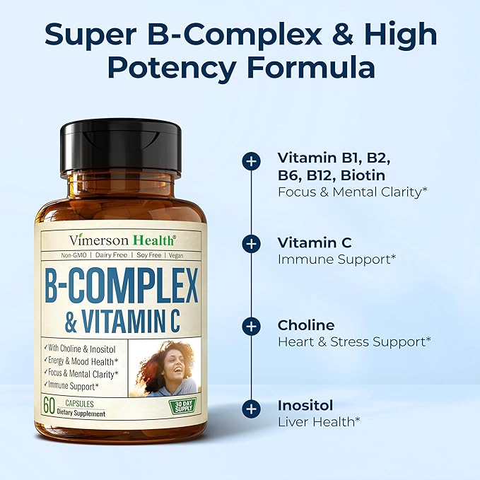 Vitamin B Complex with Vit C &amp Folic Acid (Folate) - 8 High Potency B Vitamins: B1 B2 B3 B5 B6 B7 Vitamin B12 + Biotin Choline &amp Inositol. Aids Mood Energy Nervous System &amp Immune