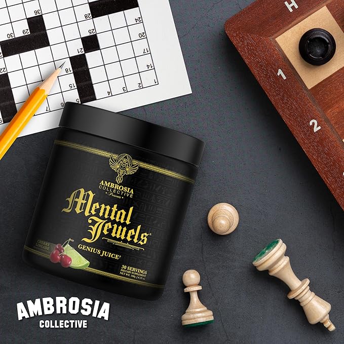 Ambrosia Mental Jewels Nootropic Brain Supplement Powder | Alpha GPC Bacopa &amp Phosphatidylserine | Memory Focus &amp Concentration Support | 30 Servings | Cherry Limeade