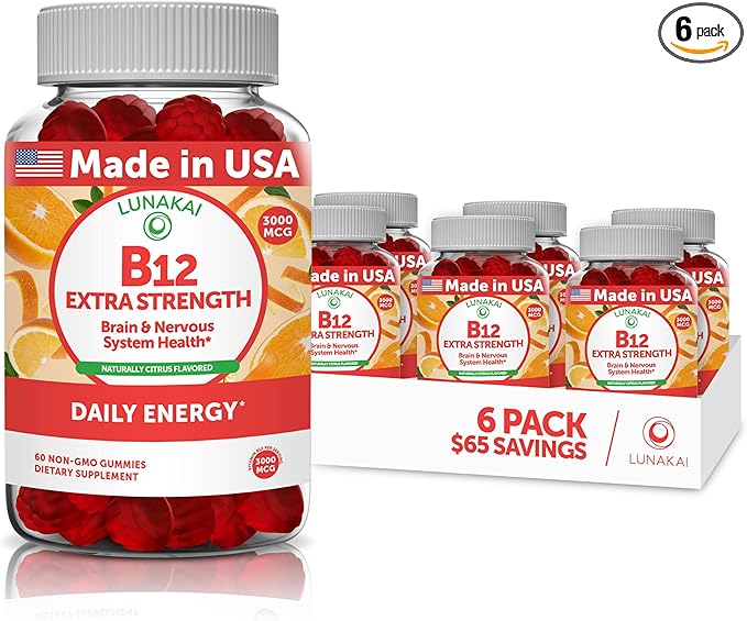Lunakai Extra Strength 3000mcg Vitamin B12 Gummies - USA Made Delicious Daily Energy &amp Metabolism Support - Vegan B12 Methylcobalamin Supplement 60ct 6 Pack