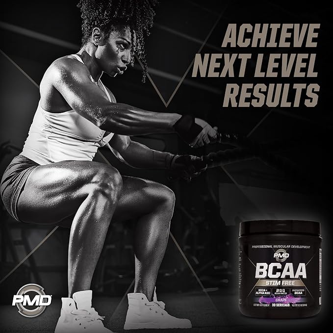 PMD Sports BCAA Stim-Free Amino Acids - Better Workout Performance Enhanced Recovery Daily Energy Muscle Builder and Muscle Sparing - BCAA Powder Drink Mix - Grape (30 Servings)