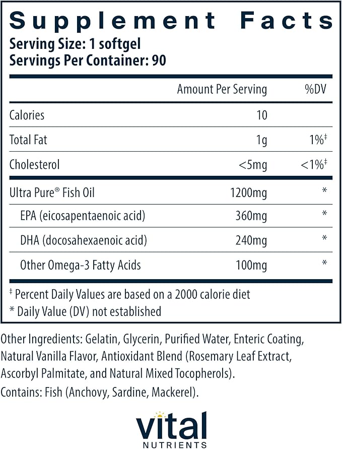 Vital Nutrients Ultra Pure® Fish Oil 700 Enteric Coated - Heart Brain Immune Health* - Sustainably Sourced High EPA &amp DHA Omega-3 Fatty Acid - Vanilla Flavor - Gluten Dairy Soy Free - 90 Count