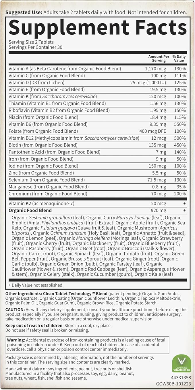 Garden of Life Organics Women's Multivitamin with Vitamin C D3 Folate B12 Biotin &amp Iron – Women's Multivitamin for Energy Heart Health &amp Radiant Skin USDA Organic Non-GMO Vegan 60 Tab