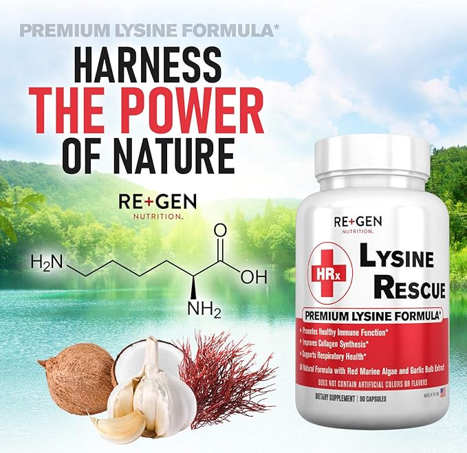 Re+Gen Nutrition Outbreak Support Supplement Cold Sore &amp Lysine Rescue Immune Health Capsules Natural Support for Adults Zinc Vitamin C L-lysine Amino Acid Lips &amp Skin Health 120 &amp 9