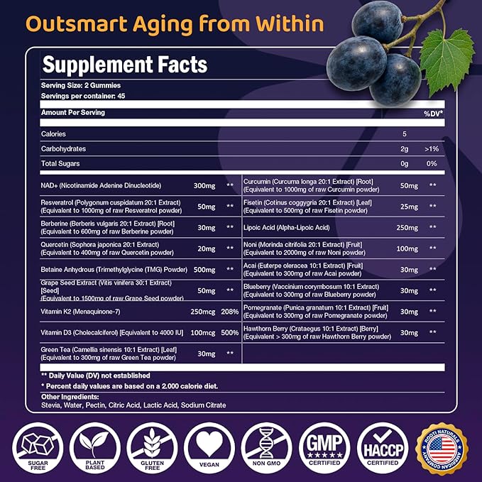 NAD+ Complex Gummies (90 Ct 45 Servings) Resveratrol 500mg of TMG Quercetin Curcumin Berberine &amp Antioxidants | Advanced Plant-Based Formula for Daily Cellular Balance &amp Longevity Nutrit