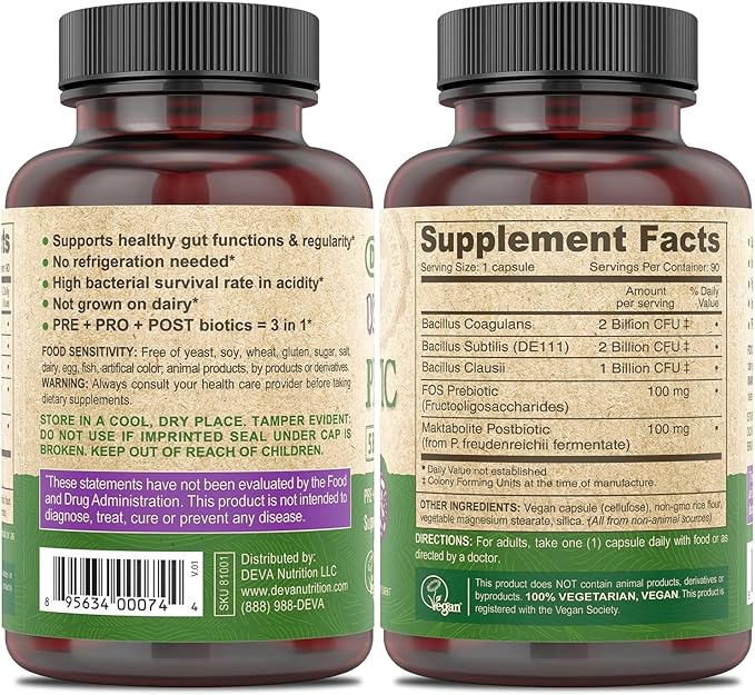 DEVA Vegan Probiotic 5 Billion CFU 2-Pack – Dairy-Free FOS Prebiotics Probiotics &amp Postbiotics Digestive Health Gut Support 90 Vegan Caps Ea