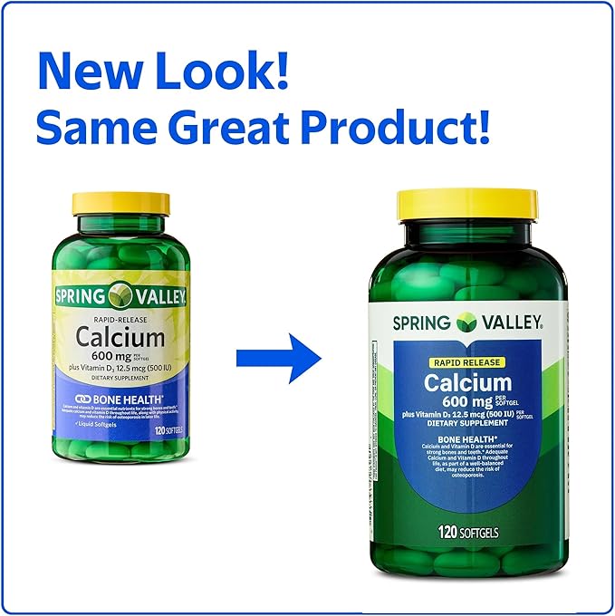 SUREFECT Spring Valley Calcium 600mg + Vitamin D3 1000IU - 120 Rapid-Release Softgels - Bone &amp Teeth Support Organizer.