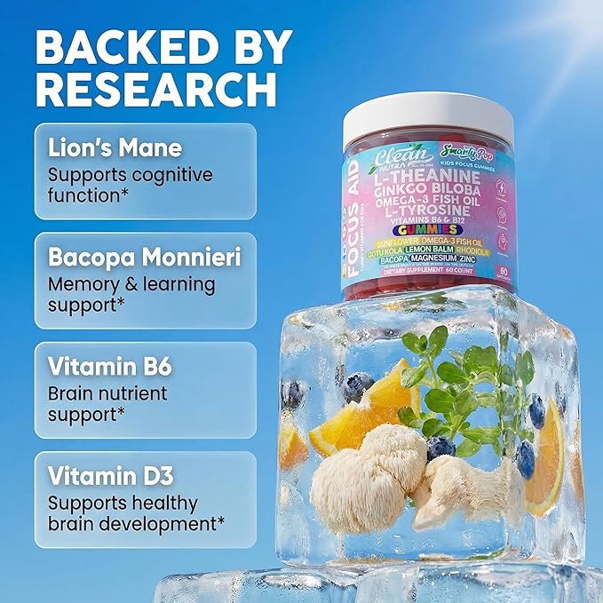 Clean Nutra Kids Focus Gummies with L-Theanine Ginkgo Biloba Omega-3 Fish Oil L-Tyrosine Vitamin B6 B12 – 60 Count Clean Label Non-GMO Vegan-Friendly SmartyPop Formula for Kids Support