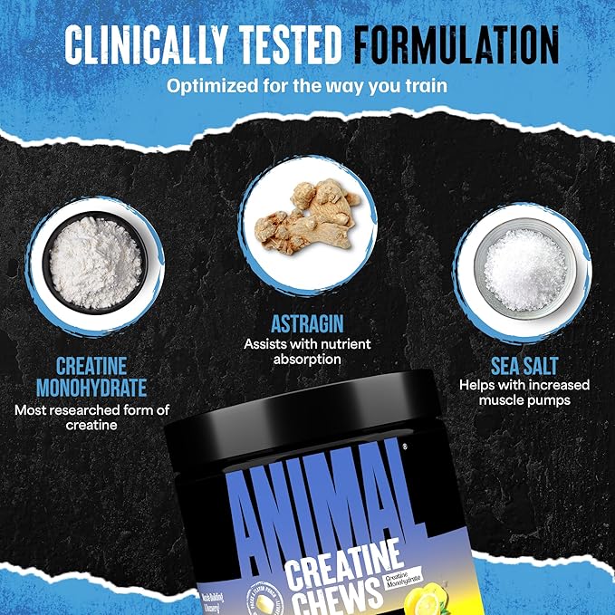 Animal Creatine Chews Tablets - Enhanced Creatine Monohydrate with AstraGin to Improve Absorption Sea Salt for Added Pumps Delicious and Convenient Chewable Tablets - Lemon Ice