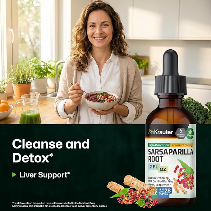 BIO KRAUTER® Sarsaparilla Root for Liver Support - Vegan &amp Pure Liver Supplement for Cleanse 680 mg per Serving - Natural Sarsaparilla Extract - 2 Fl.Oz 28-Day Supply Alcohol &amp Sugar Free