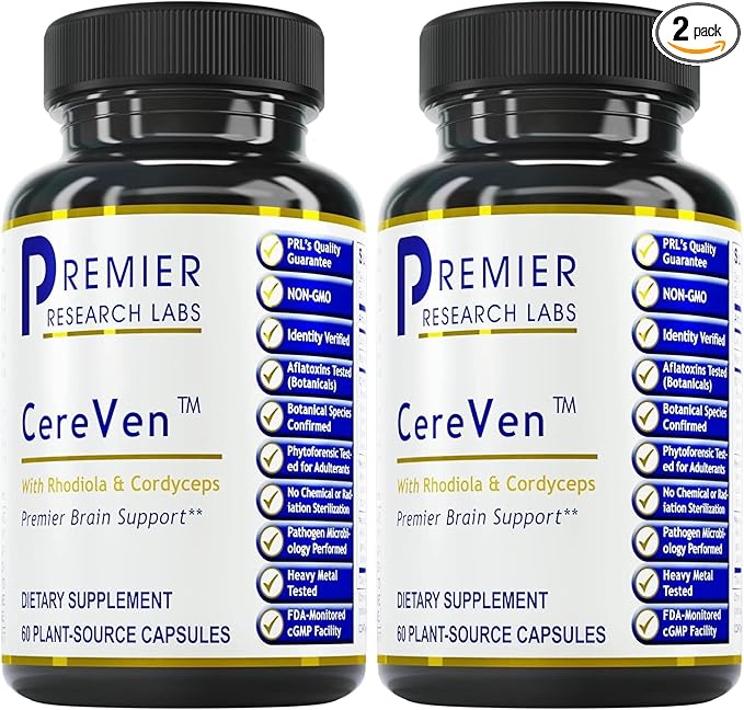Premier Research Labs CereVen - Herbal Brain Supplement for Memory &amp Focus Featuring Rhodiola Rosea Rhodiola Rosea Supplement for Brain Health Support - 60 Vegetarian Capsules (Pack of 2)