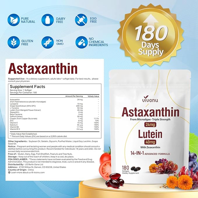 VivoNu 14-in-1 Astaxanthin 24mg &amp Lutein 40mg with Zeaxanthin Supplements 12 Month Supply 360 Softgels 2 Bag