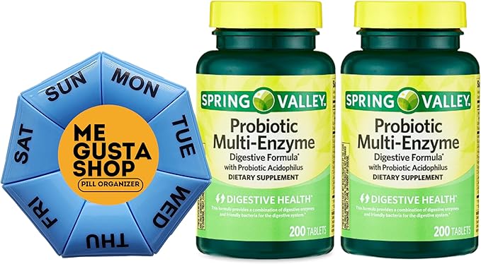 Spring Valley Probiotic Multi-Enzyme Digestive Formula Tablets Pack of 2 200 ct 400 Total Including Pill Organizer