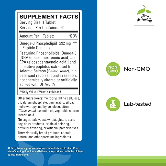 Terry Naturally Vectomega - Supplement with EPA &amp DHA - Omega-3 Tablets for Brain &amp Heart Health Support - Nutritional Supplement with Essential Fatty Acids &amp Peptides - 60 Tablets