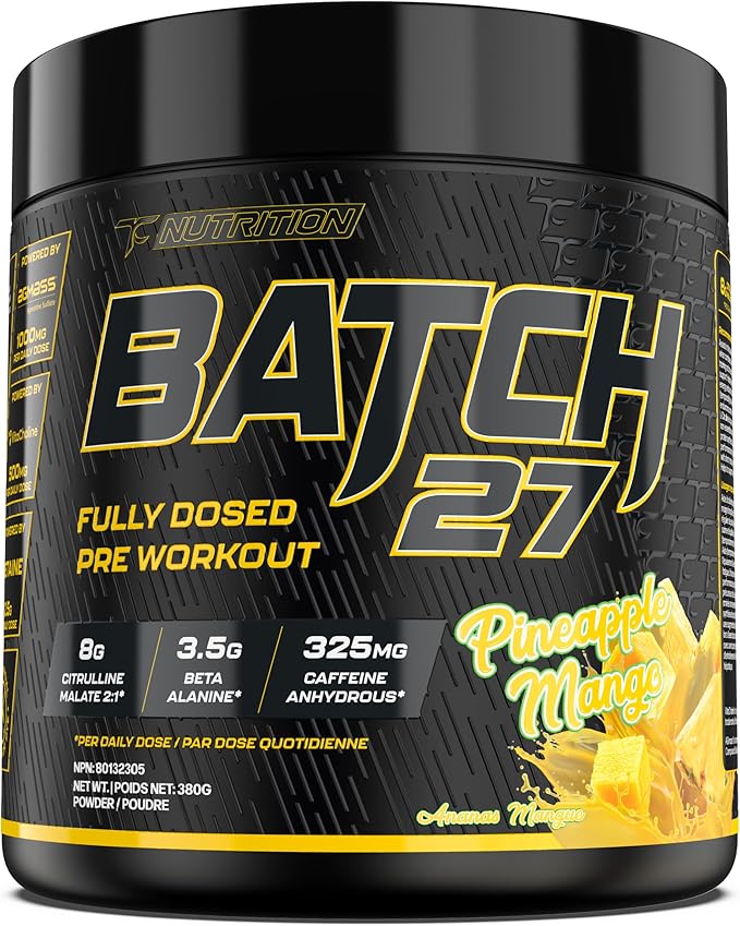 TC Nutrition Batch 27 Pre Workout Powder - 8g Citrulline 3.5g Beta Alanine 2.5g Betaine 325mg Caffeine | Instant Energy Focus Pumps &amp Strength | Nitric Oxide Booster 20 sv (Pineapple Mango)