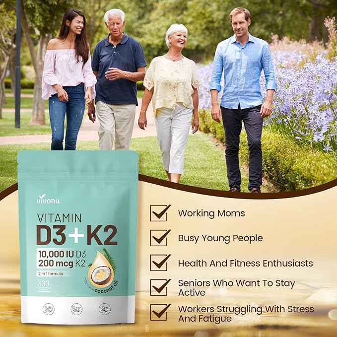 VivoNu Vitamin D3 K2 10000 IU with MK7-300 Virgin Coconut Oil Softgels 2 in 1 Vitamins D &amp K Complex | Vitamina D3 con K2 ((1Bag)