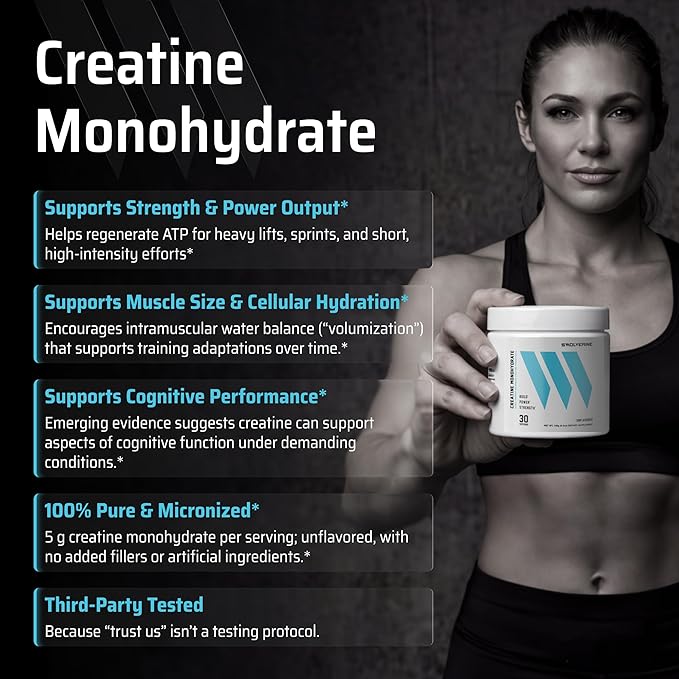 Swolverine Creatine Monohydrate Powder - 5g Micronized Creatine Third-Party Tested Single-Ingredient Supports Muscle Strength Power Recovery &amp High-Intensity Performance 30 Servings Unflavo