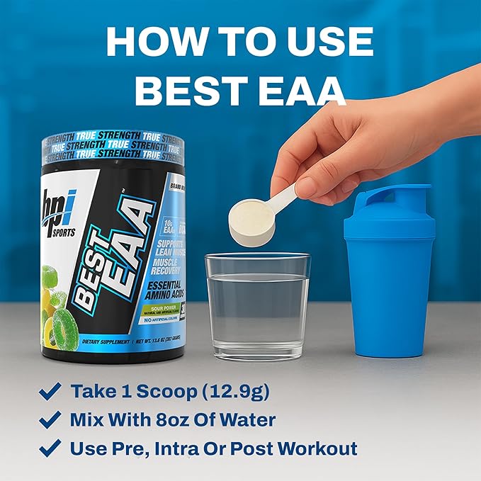 BPI Sports Essential Amino Acids EAA Powder - Pre Intra &amp Post Workout Drink - BCAA Powder for Men &amp Women EAA + BCAA + Hydration. Advanced Formula with 10g of EAA. (Sour Power)
