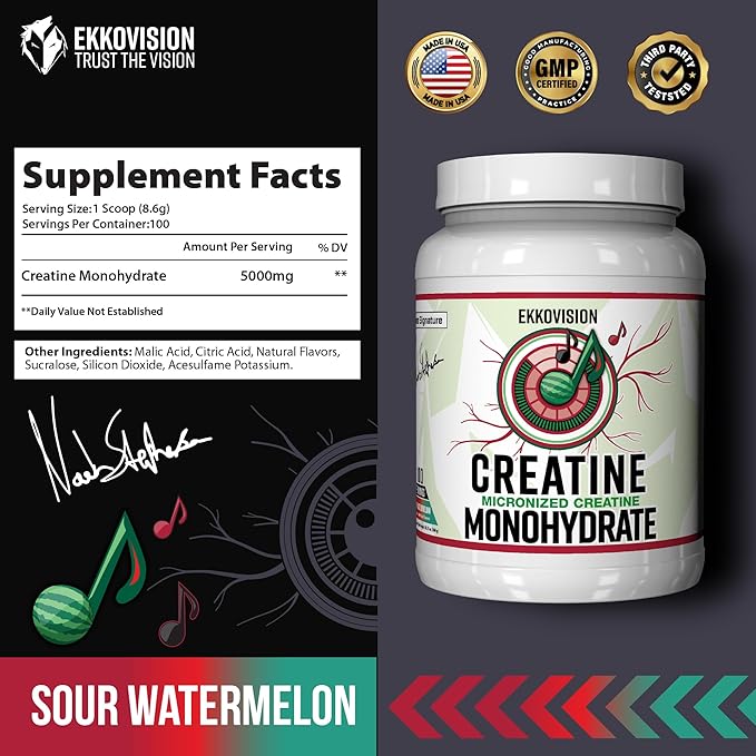 Ekkovision Creatine Monohydrate Powder Micronized Sour Watermelon Pre &amp Post Workout Supplement for Men and Women Energy Support Easy to Mix in Shakes Smoothies &amp Beverages 100 Servings