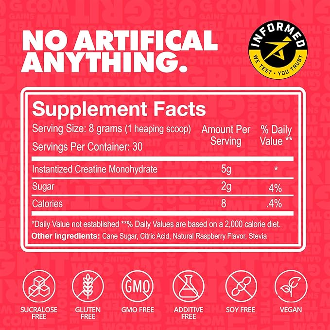 Gains in Bulk Instantized Creatine Monohydrate for Women and Men Soluble Pre Workout Powder Supports Muscle Building Strength and Performance Sweet Lemonade and Sour Raspberry 60 Servings