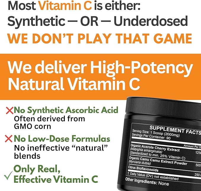 Natural Vitamin C from Acerola Cherry &amp Camu Camu Powder - High Absorption with Citrus Bioflavonoids - Immune System &amp Collagen Booster - Anti Aging Skin Vitamins Made in USA 90 servings
