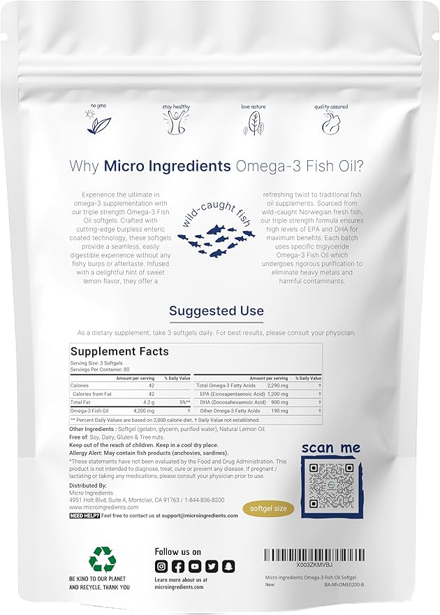 Micro Ingredients Omega-3 Fish Oil 4200 mg 240 Softgels &amp Multi Collagen Peptides Gummies Bundle Pack | Wild-Caught Fish Lemon Flavored Burpless | Type IIIIIIVX Protein