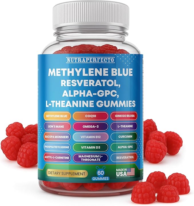 Sugar Free Methylene Blue Gummies Supplement with L-Theanine DIM Myo-Inositol D-Chrio Choline DHA for Mental Clarity Focus Brain Memory Cognitive Support Vitality Performance Neuroprotection