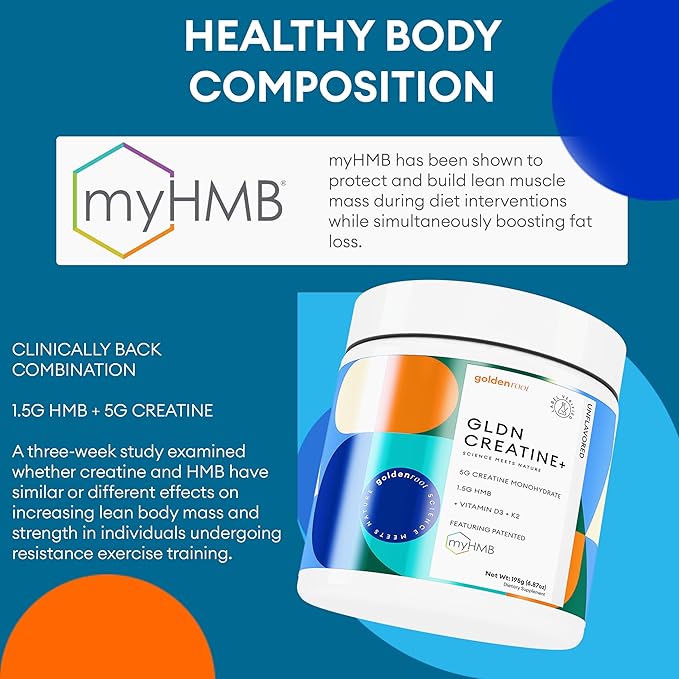 GoldenRoot GLDN Creatine HMB - Creatine Monohydrate with HMB for sustained Muscle Support and Recovery with Vitamin D3 and K2 for Bone and Joint Health - Unflavored - 30 Servings (1)