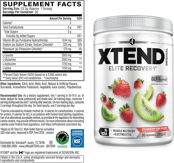 Xtend Original BCAA Powder 7g BCAAs and 2.5g L-Glutamine for Muscle Recovery Hydration and Lean Muscle Sugar Free Intra and Post Workout Drink with Electrolytes Strawberry Kiwi Splash 30 Servings