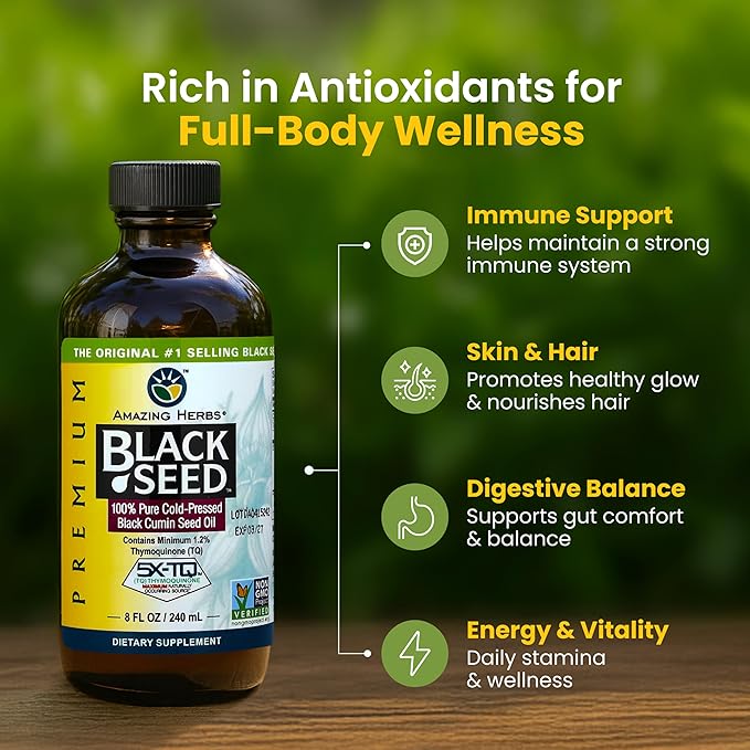 Amazing Herbs Premium Liquid Black Seed Oil - Cold Pressed with Nigella &amp Sativa Aids in Digestive Health Omegas 3 6 &amp 9 Immune Support Brain Function Non GMO for Men and Women - 8 Fl Oz