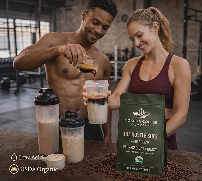 Moksha Organic Espresso Coffee Beans Dark Roast Low Acid Non-GMO Whole Coffee Beans. The Hustle Shot Roasted in Small Batches. Rich Notes of Chocolate and Nuts - 12 OZ (18 Double Shots)