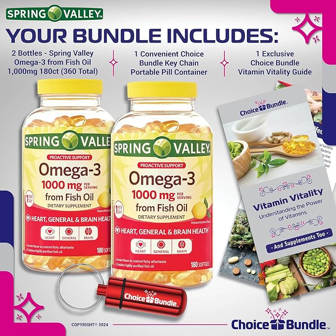 Choice Bundle Spring Valley Proactive Support Omega-3 Fish Oil Soft Gels 1000 mg 180 Ct 2 pk (360 Total) + Vitamin Guide &amp Pill Container (4 Items)!