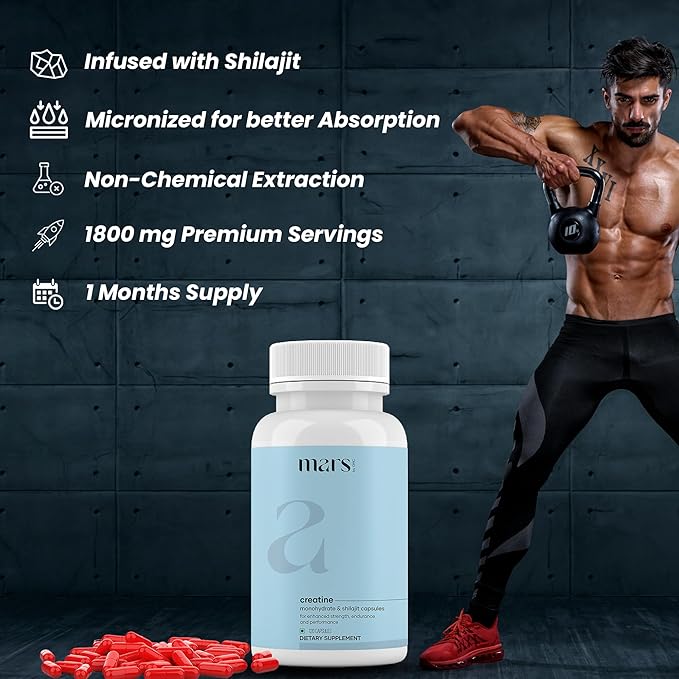 Mars Micronized Creatine Monohydrate Caps with Shilajit &amp Surgemax (240N) | 100% Pure &amp Natural | Overall Well-Being (Pack of 2)