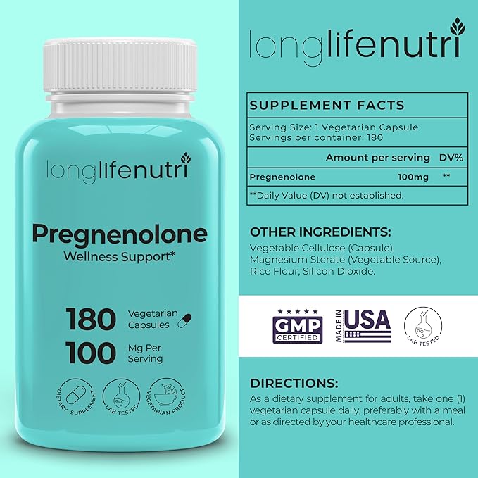 Brain &amp Hormone Support Pregnenolone - 180 Veggie Caps for Enhanced Memory Focus &amp Vitality - Made in USA