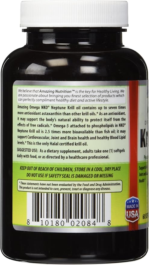 Amazing Omega Nko® Neptune Krill Oil 1000 Mg 60 Softgels (Non-GMO Gluten-Free) - Supports Heart Joint &amp Brain Health and Superior bioavailability &amp antioxidant Content