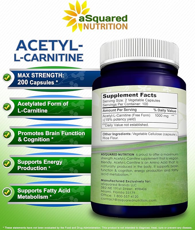 aSquared Nutrition Acetyl L-Carnitine 1000mg Per Serving Max Strength - 200 Veggie Capsules - High Dosage Acetyl L Carnitine HCL (ALCAR) Supplement Pills to Support Pure Energy Brain Function