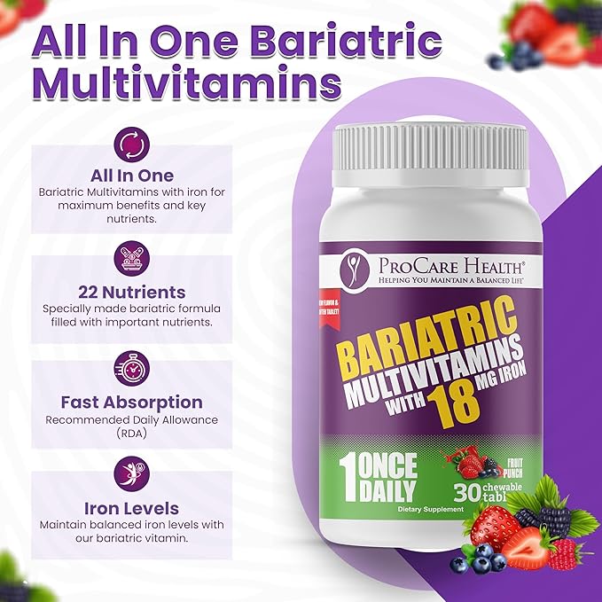 ProCare Health Bariatric Chewable Multivitamin with Iron 18mg (30 Tablets) - Fruit Punch Flavor Bariatric Multivitamin Chewable for Gastric Bypass &amp Sleeve Gastrectomy Patients* (1 Month Supply)
