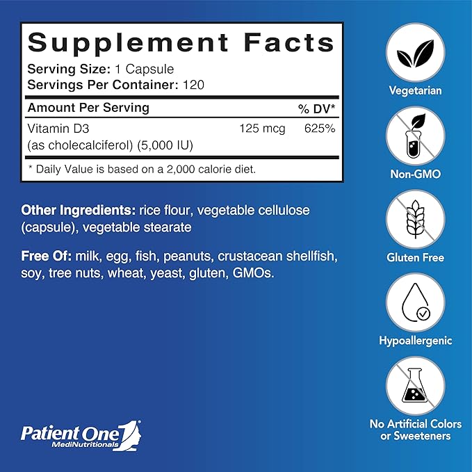 Patient One Vitamin D3 5000 IU | Supplement to Support Immune Heart and Bone Health* | Absorbable Cholecalciferol Form | 120 Capsules | 2 Pack