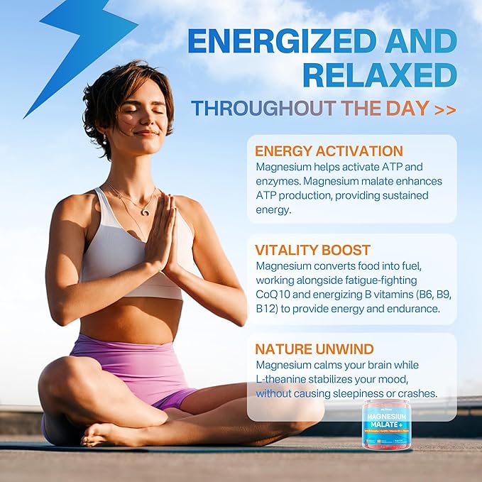 Nextdia Magnesium Malate Energy Gummies Plus L-Theanine CoQ10 Methyl B12 Methylfolate B6 &amp D3-400mg Magnesium Gummy Sugar Free for Women Men Supports Muscle Function Calm &amp Relax Vegan