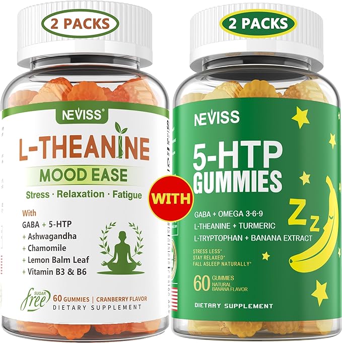 NEVISS Sugar Free L-Theanine Calm Gummies 120 Counts + Sugar Free 5-HTP Gummies 120 Counts