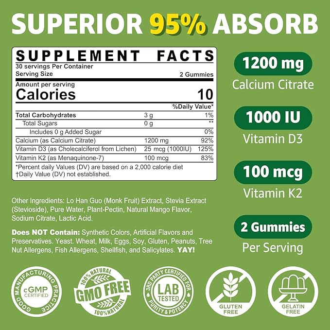 Calcium Citrate Gummies 1200mg with Vitamin D3 K2 Chewable Calcium Supplements for Women &amp Men High Potency Support B0ne Te*th Strength &amp Immune Health Mango Flavor Non-GMO Sugar Free