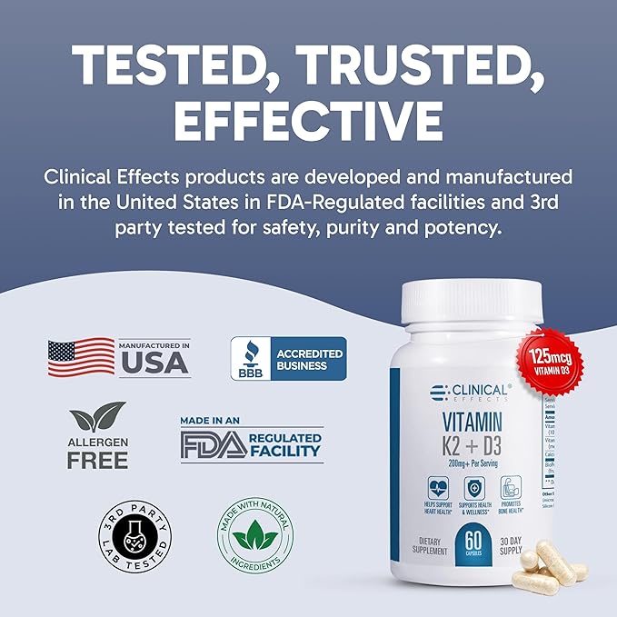 Clinical Effects Vitamin K2 + D3 - K2 + D3 Vitamin Supplement with Bioperine Black Pepper Extract and Calcium for Bone and Heart Health Support - 60 Capsules - Max Absorption - Made in The USA