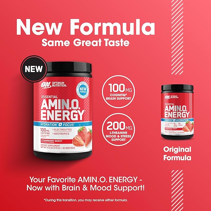 Optimum Nutrition Amino Energy Powder Plus Focus with BCAA Electrolytes and Caffeine Juicy Strawberry 30 Servings (Packaging May Vary)