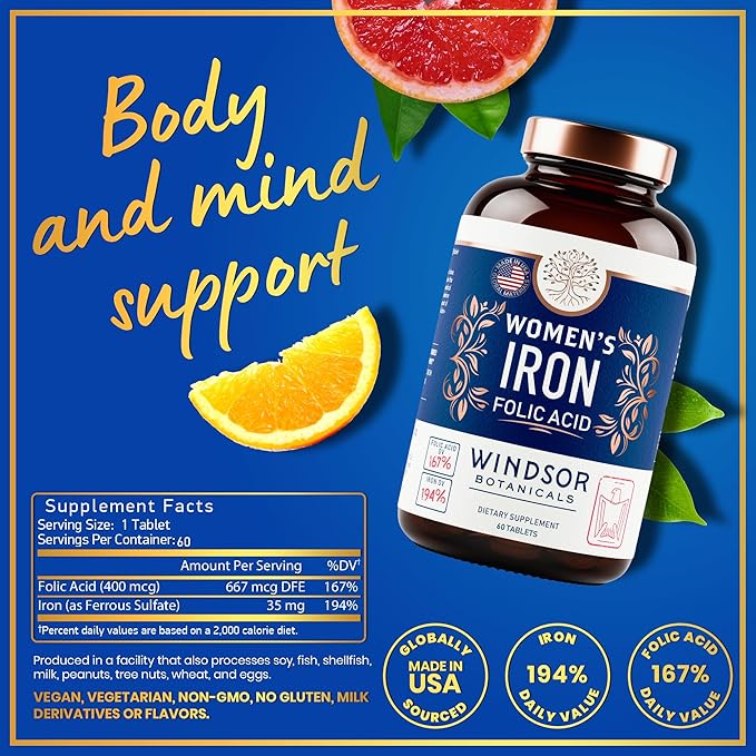 Iron and Folic Acid Supplements for Women - 35mg Gentle Iron Vitamin Folic Acid 400mcg - Anemia Period Pregnancy Support Supplement Ferrous Sulfate Pills - 120 Vegan Non-Constipating Tablets