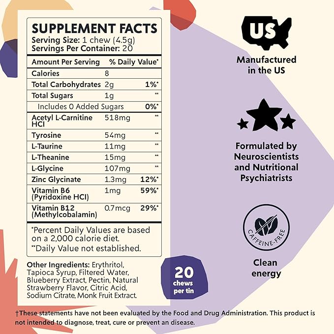 PYM Mood &amp Focus Chews Variety Pack 60 Count | Berry &amp Citrus Mood Chews + Attention Chews | GABA L-Theanine L-Carnitine | Vegan Non-GMO Caffeine-Free