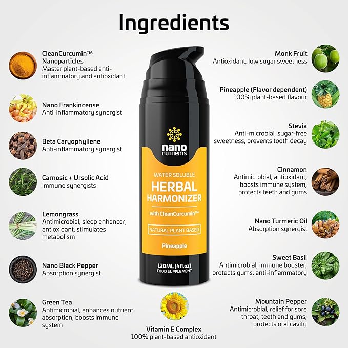 Herbal Harmonizer with CleanCurcumin(TM) - Multi Botanical Antioxidants Supplement - Water Soluble - Nano Curcumin - Holistic Wellness Defender - Healthy Drink Mix (4 fl.oz Pineapple)