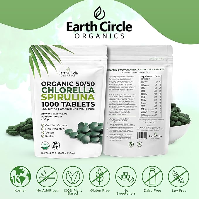 Premium Organic Chlorella / Spirulina Tablets 1000 Count (50/50) | Vegan Kosher Green Algae Superfood | Cracked Cell Wall for Maximum Absorption | High in Protein Iron Chlorophyll - Pack of 2