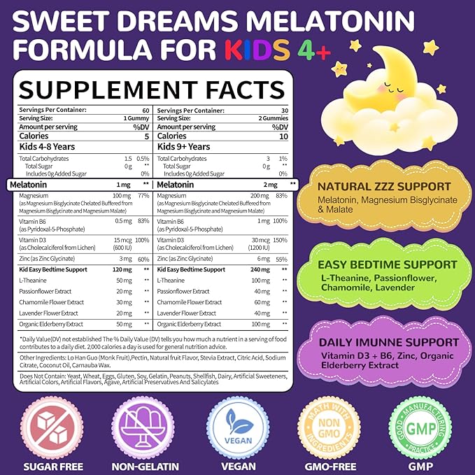 Melatonin Gummies Kids 1mg: Extra Strength Chewable Kids Melatonin Gummy Plus Magnesium Chamomile Lavender Elderberry L-Theanine D3 B6 - Natural Rest Cycles for Children Ages 4+(120Count)