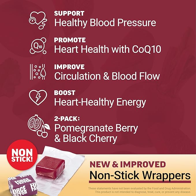 Bundle of Force Factor Total Beets Ultimate Heart Health Blood Pressure Support Chews with CoQ10 Beet Root Powder Grape Seed Extract Blood Pressure Supplement for Circulation &amp Blood Flow 120